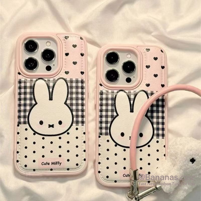 สีดํา Checkered Polka Dots น่ารัก Miffy กระต่ายหนังเคสโทรศัพท์สําหรับ iPhone 17 16 15 14 13 12 11 Pro Max X XR XS Max 8 Plus SE2020