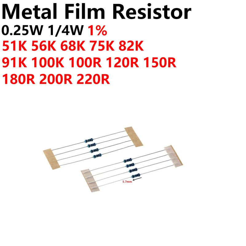 100PCS 1/4W 0.25w ตัวต้านทานฟิล์มโลหะ 1R 10R 4.7R 3.3R 30R 33R 47R 68R 100R 220R 200R 330R 470R 680R