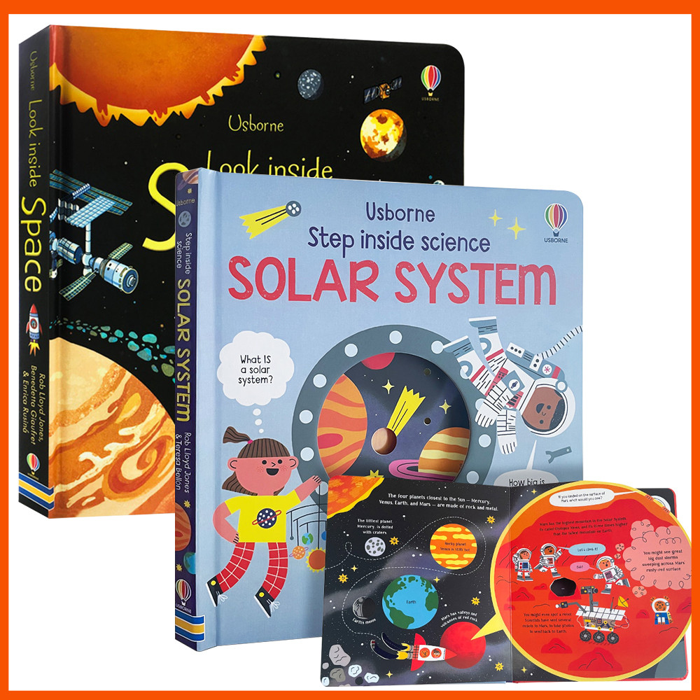 Usborne Solar System & Space Board Books Set, Look Inside Space & Step Inside Science, หนังสือการเรียนรู้ภาษาอังกฤษดาราศาสตร์แบบโต้ตอบสําหรับเด็ก