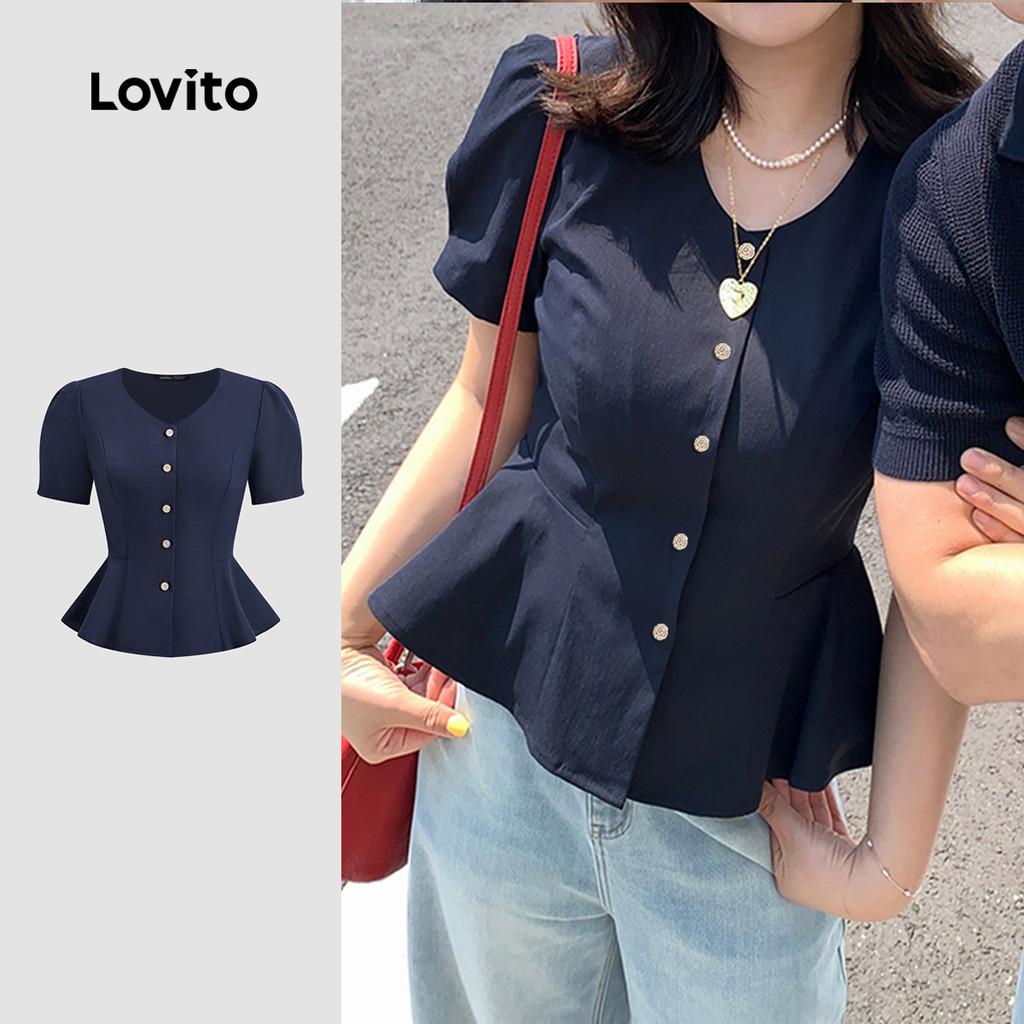 Lovito สง่างาม เสื้อบลาซ่ารายละเอียดประดับระบายเก็บชายแต่งเติมเสริมถักพองช่วงฤดูใบไม้ผลิ/ฤดูร้อน สีน้ำเงินกรมท่า L143AD621