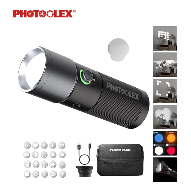 PHOTOOLEX ไฟสตูดิโอ 4 สี กำลัง 10W 1191.54LX 20/30 Gobos 8400mAh ไฟแบ็คกราวด์ การถ่ายภาพบุคคล