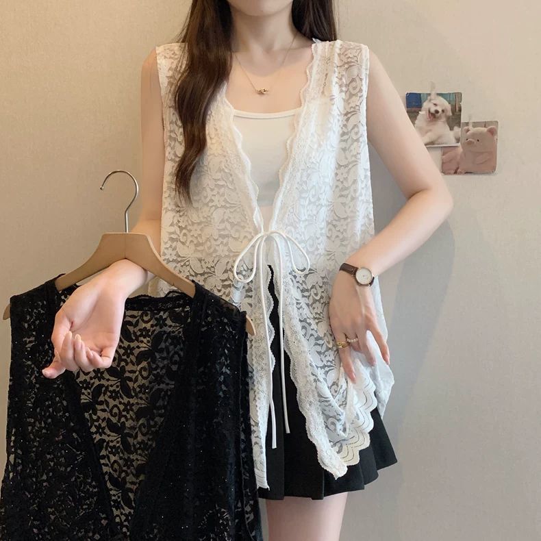150 กก. ลูกไม้ขนาดใหญ่พิเศษด้านบนผู้หญิงฤดูร้อนกลางความยาวบางหลวมชั้นด้านนอกเสื้อกั๊กเสื้อกั๊ก
