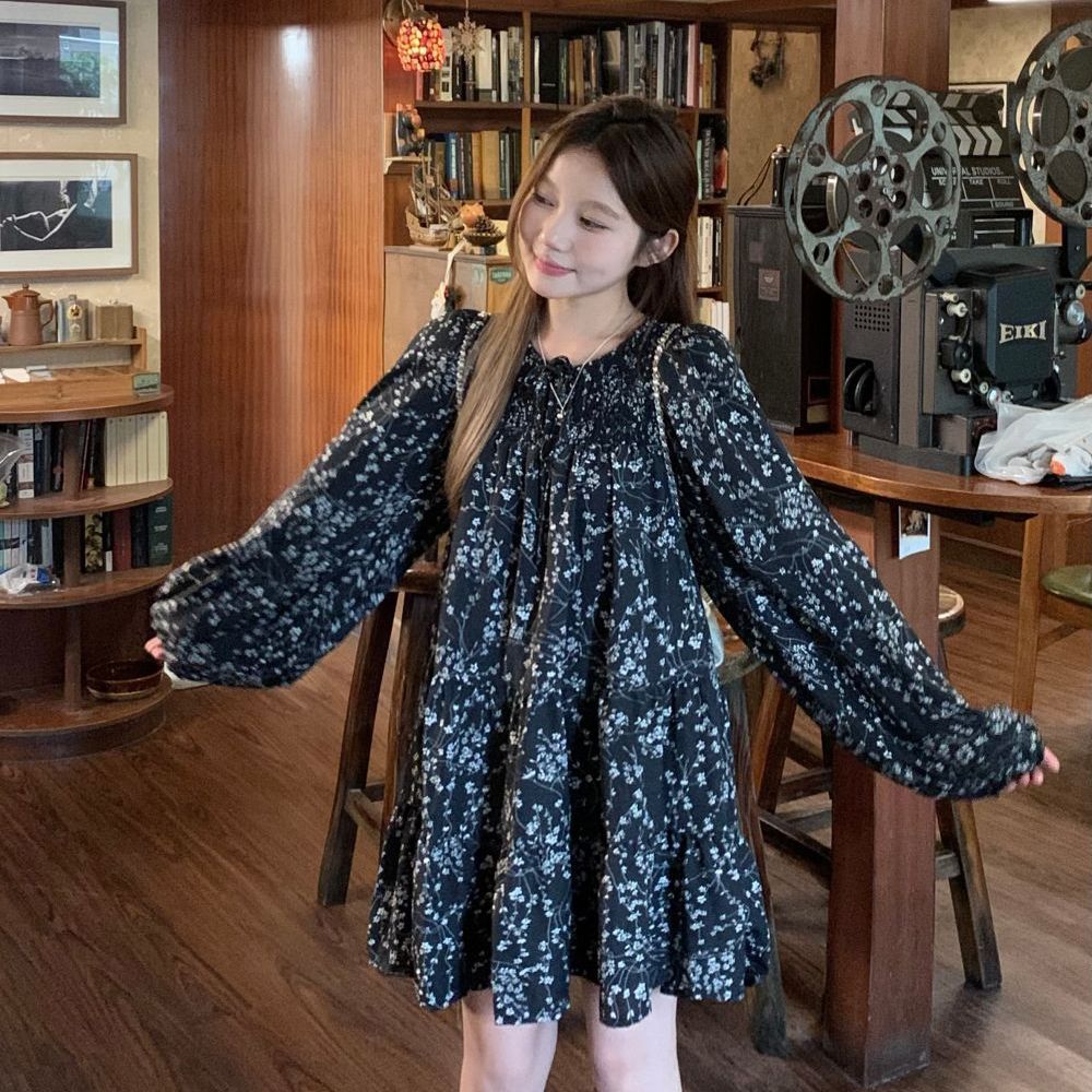 LUNA~Xเวอร์ชั่นเกาหลี ลายพิมพ์ แขนยาว ชุดเดรส รุ่นใหม่ สไตล์หวาน