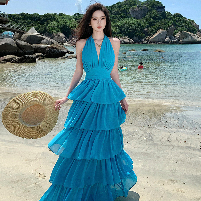 Lace-Up Pure Dress Halter เซ็กซี่คอปกบาง v Desire สลิงผลิตภัณฑ์ใหม่แขนกุด ata