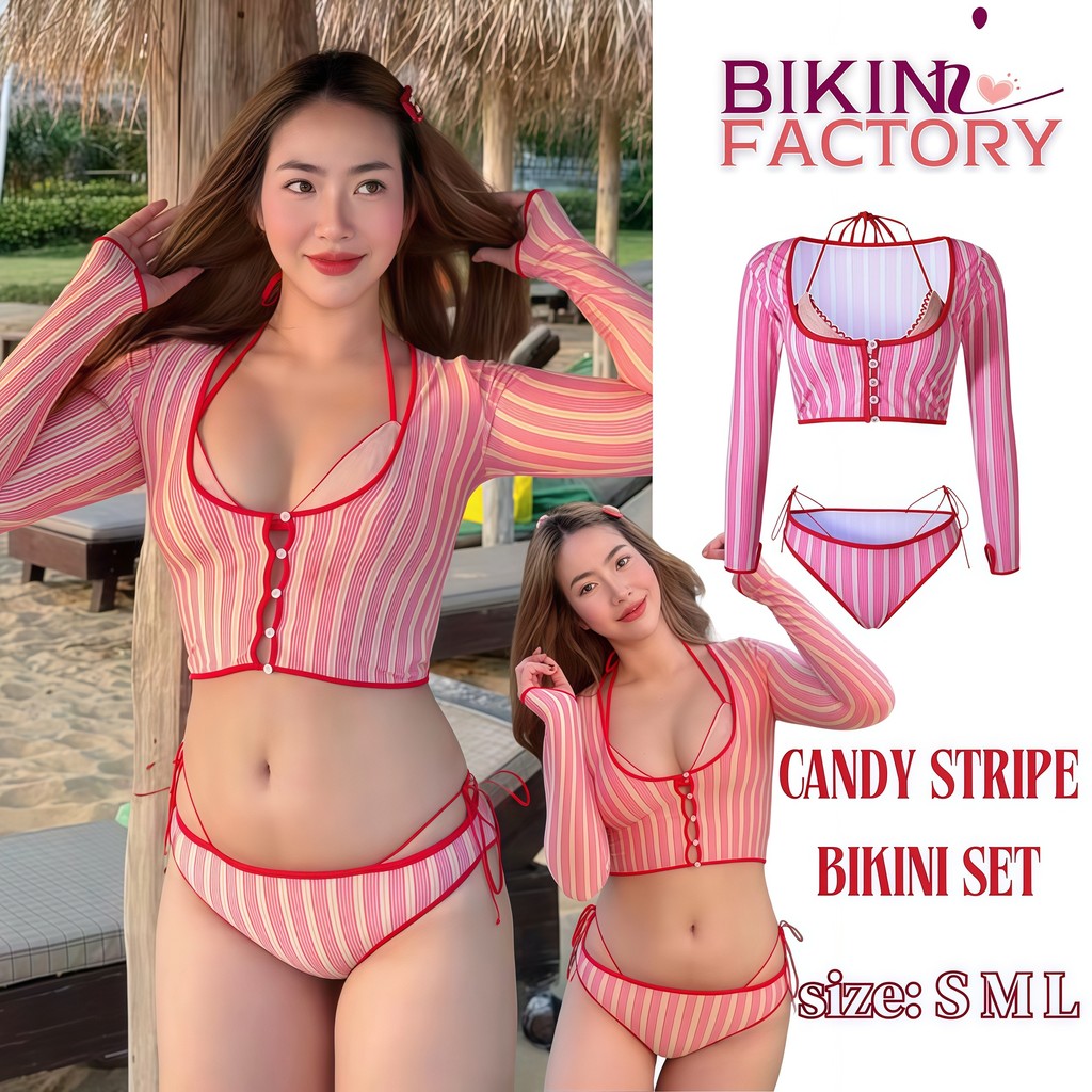 BIKINI FACTORY ชุดว่ายน้ำ 3 ชิ้น ชุดไปทะเล แขนยาว ชุดทะเลผู้หญิง น่ารัก 🦋 มีไซส์ M-XL | น้ำหนัก 40-65 กก. Y164