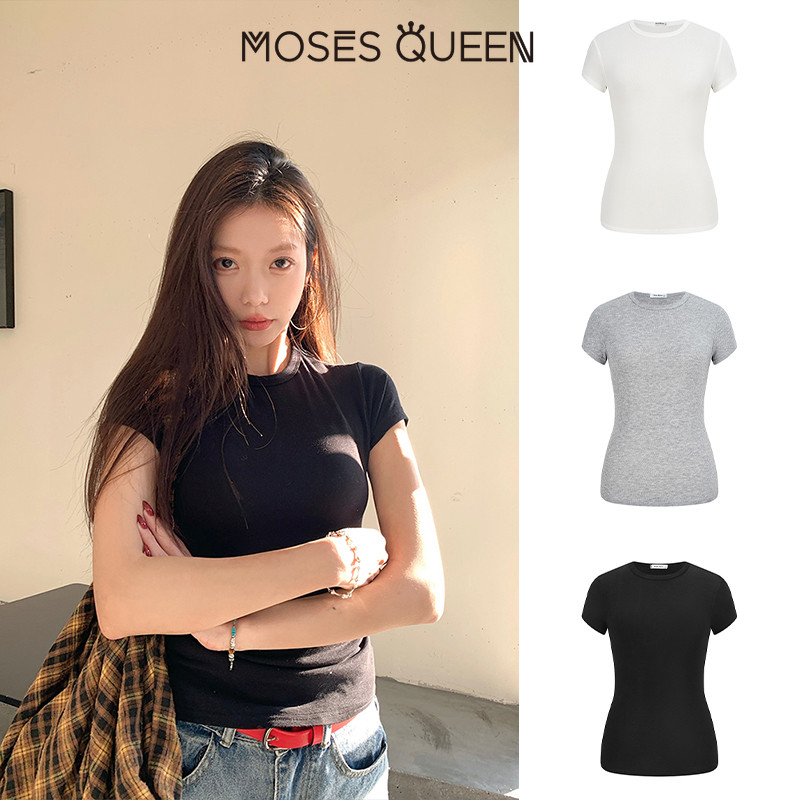 < MOSESQUEEN > เสื้อผ้าแบบ T-shirt คอต่ำสีเดียวกันที่มีสไตล์ "ins" ผลิตจากลิโอเซลล์ ให้ความสบายและระบายอากาศได้ดี เหมาะสำหรับใส่ชั้นในร่วมกันสำหรับผู้หญิง #63405