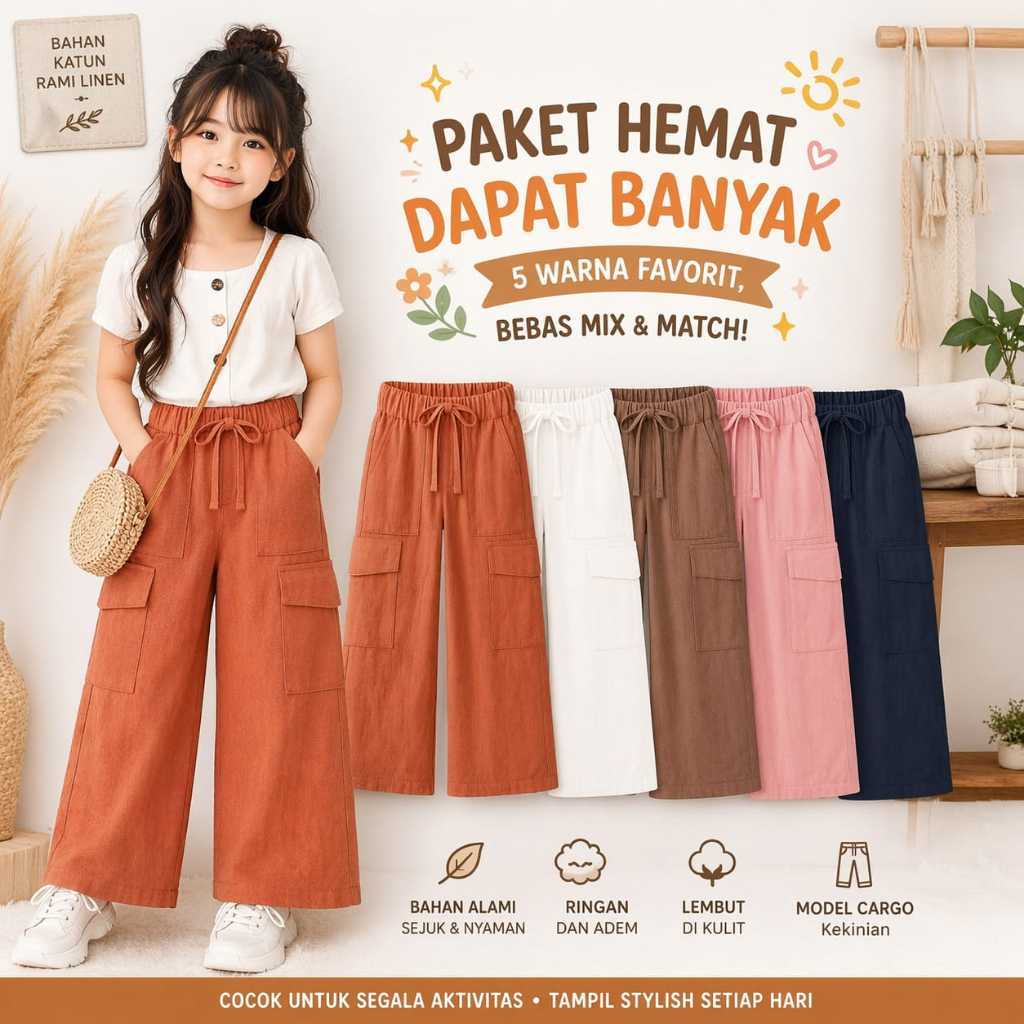 KATUN [ Bundle ] Save on Childrens Cargo Culottes, Plain Cotton Rami Linen, Random 6-15 Years, สบาย,