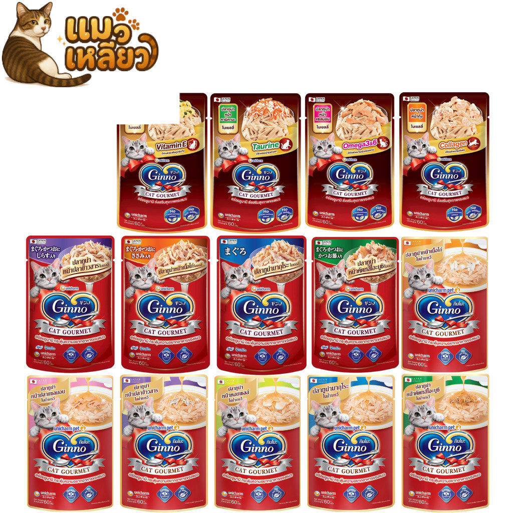 Ginno Premium Wet Cat Food กินโนะ อาหารเปียกแมว ไม่เติมเกลือ เนื้อแน่น กลิ่นหอม เปียกแมว ขนาด 60g