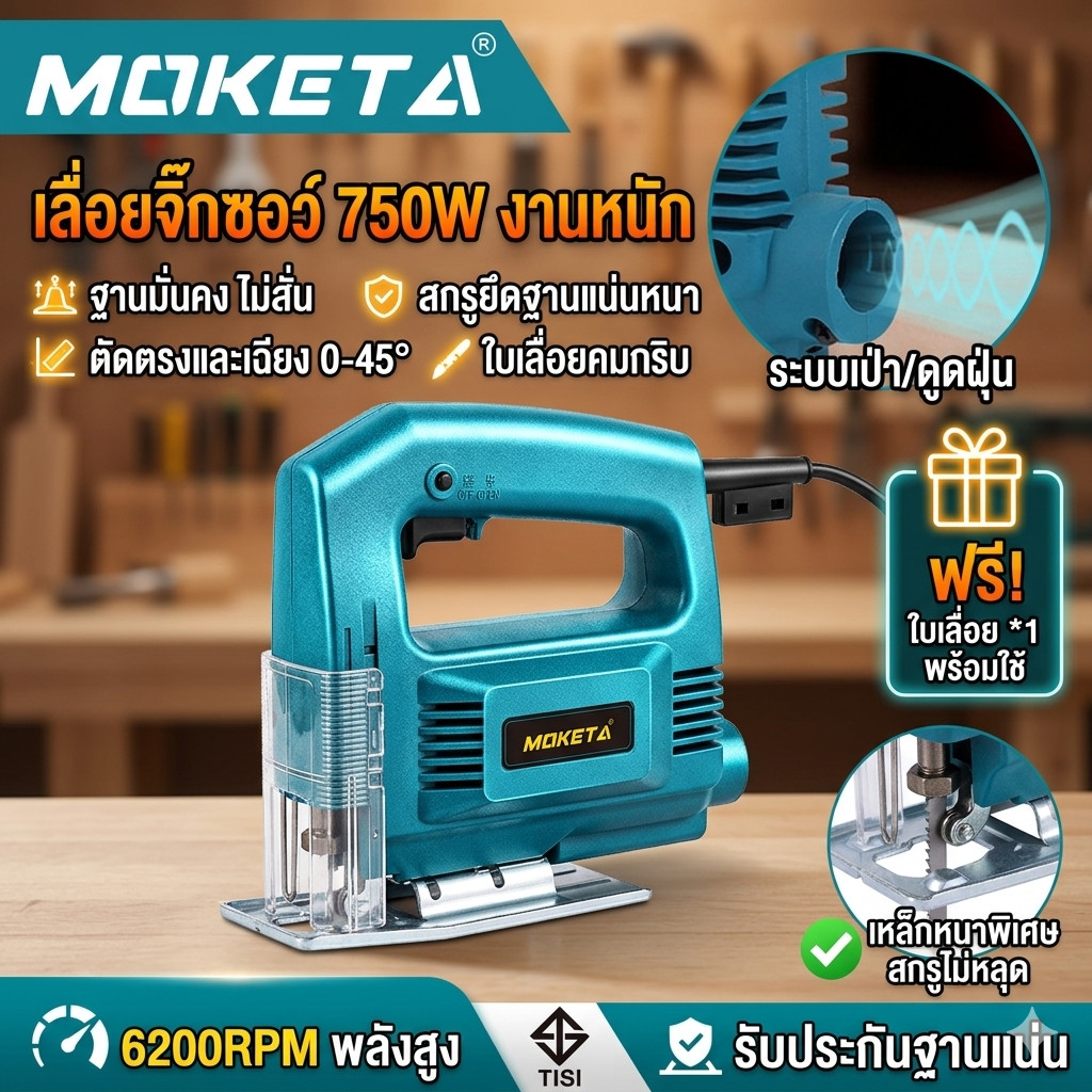 เลื่อยจิ๊กซอว์ 750W ปรับความเร็วได้ เลื่อยฉลุไฟฟ้า ตัดไม้/เหล็ก งาน DIY ทนทาน (แถมฟรี ใบเลื่อยและประแจ)