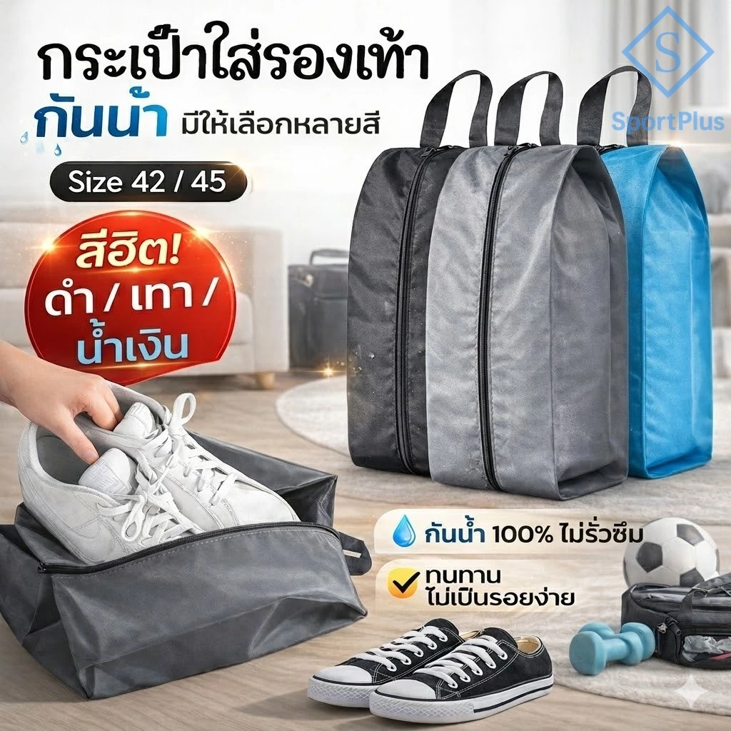 SportPlus กระเป๋าใส่รองเท้า กันน้ำ กันกลิ่น พับได้ พกพา ใส่รองเท้าเดินทาง ฟิตเนส ฟุตบอล สีดำ สีเทา Size 42-45 Shoe Bag