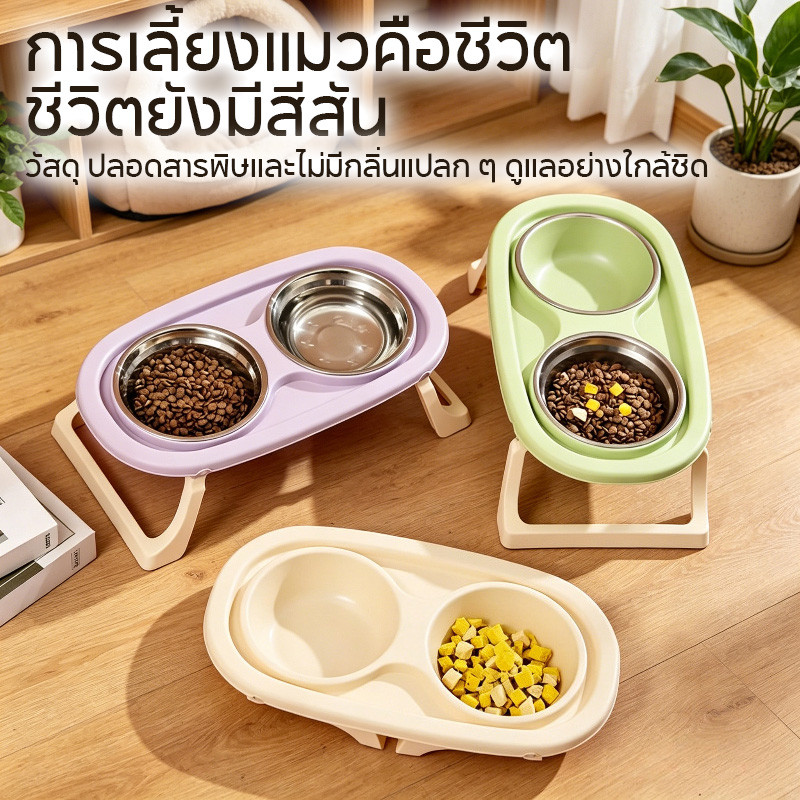 เตรียมจัดส่ง ชามอาหารแมว 2 หลุม พับ ชามอาหารสัตว์เลี้ยง ชามอาหารแมว ชามสแตนเลส