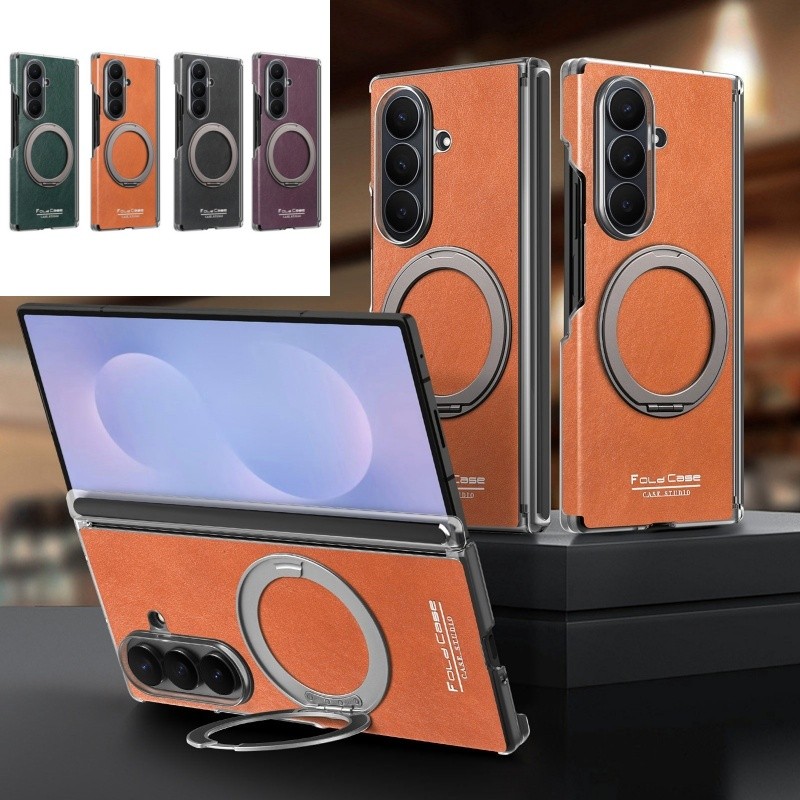 บานพับคู่ Retro ปลอกหนัง Funda สําหรับ Samsung Galaxy Z พับ 7 Z พับ 6 Z พับ 5 ฝาครอบแหวนหมุนได้ขาตั้ง