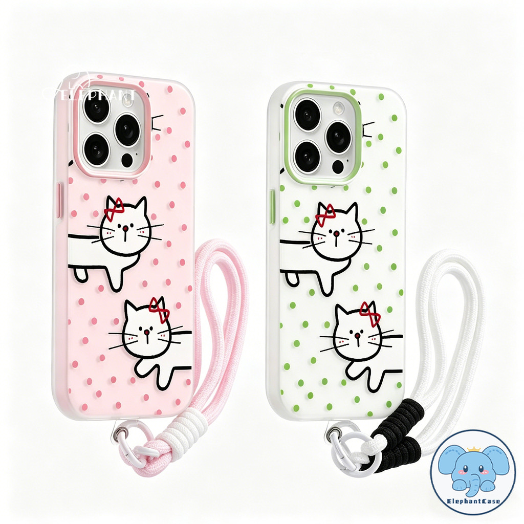สำหรับ IPhone 17 16 AIR 11 14 XR 13 15 12 Pro Max XS X 7 15 16 Plus เคส 2 in 1 สีสัน ลายคู่แมวจุดโบว์ น่ารัก สไตล์ฮิต