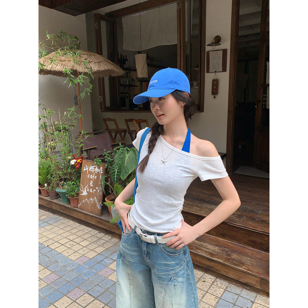 สายเดี่ยว เสื้อสายเดี่ยว เอสong Zhengen Klein สายคล้องคอสีฟ้าพร้อมสายรัดหน้าอกเสื้อกล้ามผู้หญิงใส่ด้