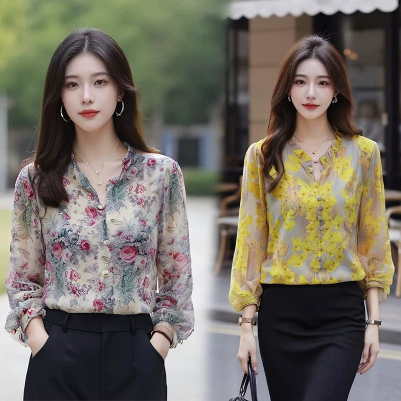 Akifoon เสื้อเชิ้ตแขนสามส่วนลายดอกไม้ เหมาะกับฤดูร้อน ทรงหลวม สไตล์ผู้ใหญ่ สำหรับผู้หญิงลดอายุ#99097
