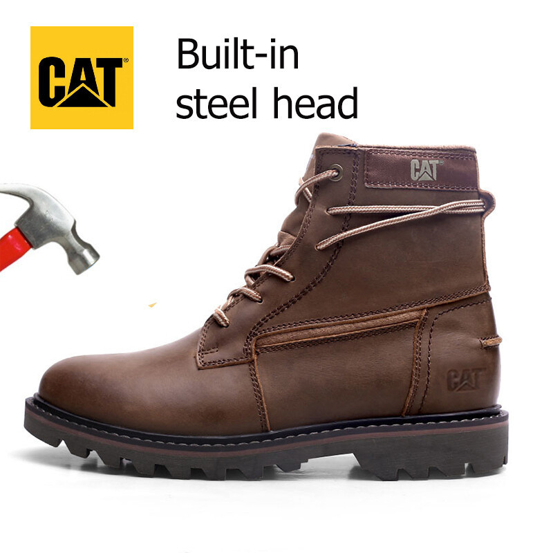 Caterpillar รองเท้าหนังวัวแท้ CAT รองเท้าบู๊ตสูงรองเท้าวินเทจหัวเหล็กป้องกันการทุบรองเท้าความปลอดภัย