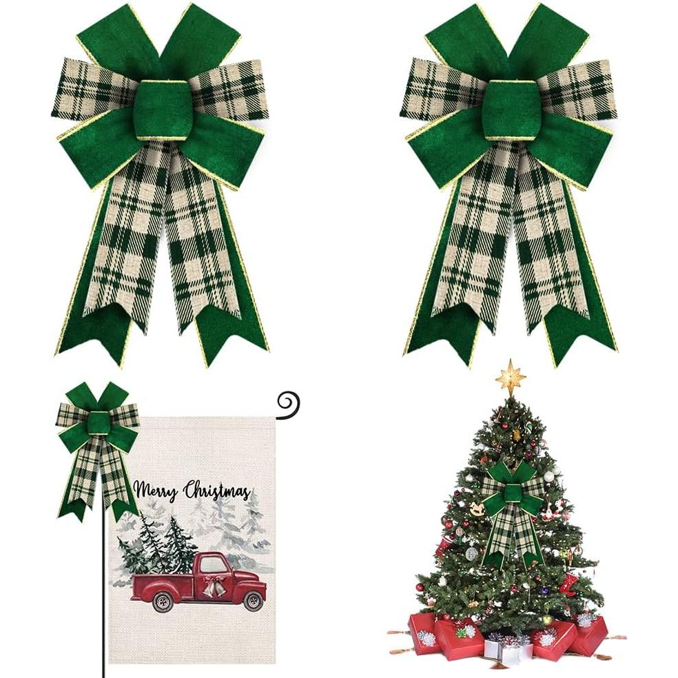 Hying 2PCS Christmas Bows สําหรับพวงหรีด,สีเขียวกํามะหยี่พวงหรีดโบว์สําหรับคริสต์มาส Décor Gold Edge