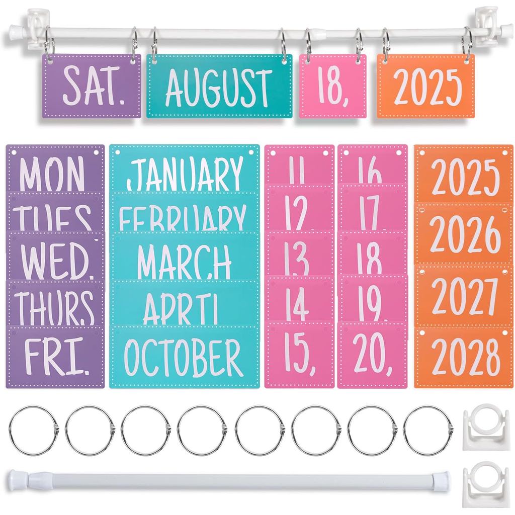 Rainbow Flip Calendar Bulletin Board Set with Holder, Adjustable Calendar Holder รวมการ์ดวันที่ 54 ใ