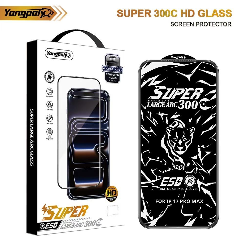 Yongpoly Super 300C ฟิล์มกระจกใส ขอบโค้ง 300C เต็มจอ | Large Arc HD Glass สำหรับ iPhone16PROMAX 15PLUS XR 17PROMAX 17PRO
