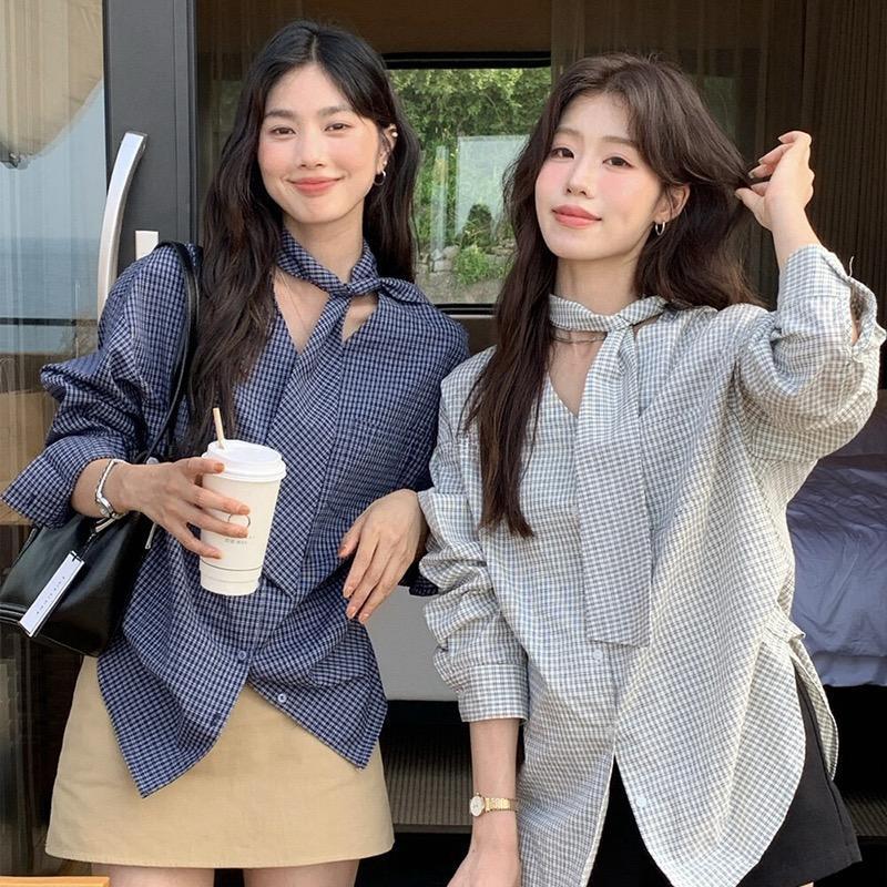Grace เสื้อเชิ้ตลายสก๊อตคอวีและเนคไทโบว์และริบบิ้นผู้หญิงสไตล์ชาแนล,เสื้อกระชับสัดส่วนลำลองฤดูใบไม้ร่วงของผู้หญิง 99302