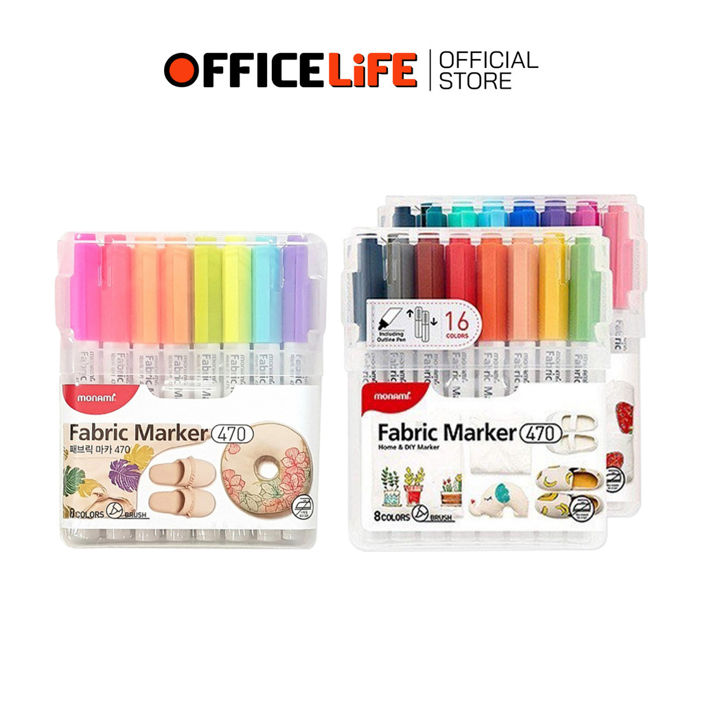 Monami (โมนามิ) ปากกาเพ้นท์ผ้า ปากกาเขียนผ้า รุ่น 470 Fabric Marker ชุด 8 / 16 สี กันน้ำ ( 1 แพ็ค  )