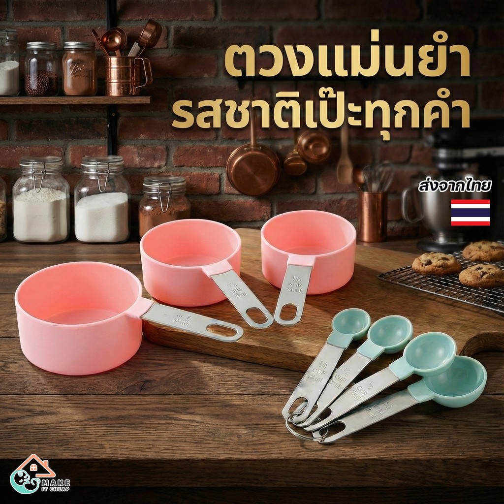 ช้อนตวงพร้อมถ้วยตวง 8 ชิ้น ด้ามสแตนเลส แข็งแรง มีสเกล เหมาะทำขนม เบเกอรี่ และทำอาหาร