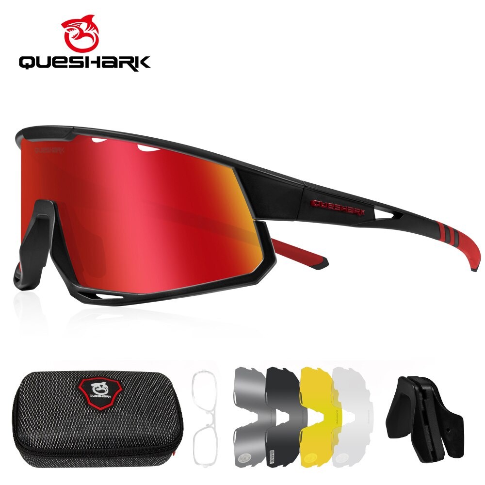 QUESHARK แว่นตากันแดดหลายเลนส์สำหรับผู้ใหญ่ แบบโพลาไรซ์ ออกแบบมาเพื่อการขี่จักรยานเสือภูเขา ป้องกันร