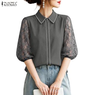 เสื้อลูกไม้แขนซิป สไตล์เกาหลียกระดับ ออกแบบมาพร้อมปกพับลงและ…