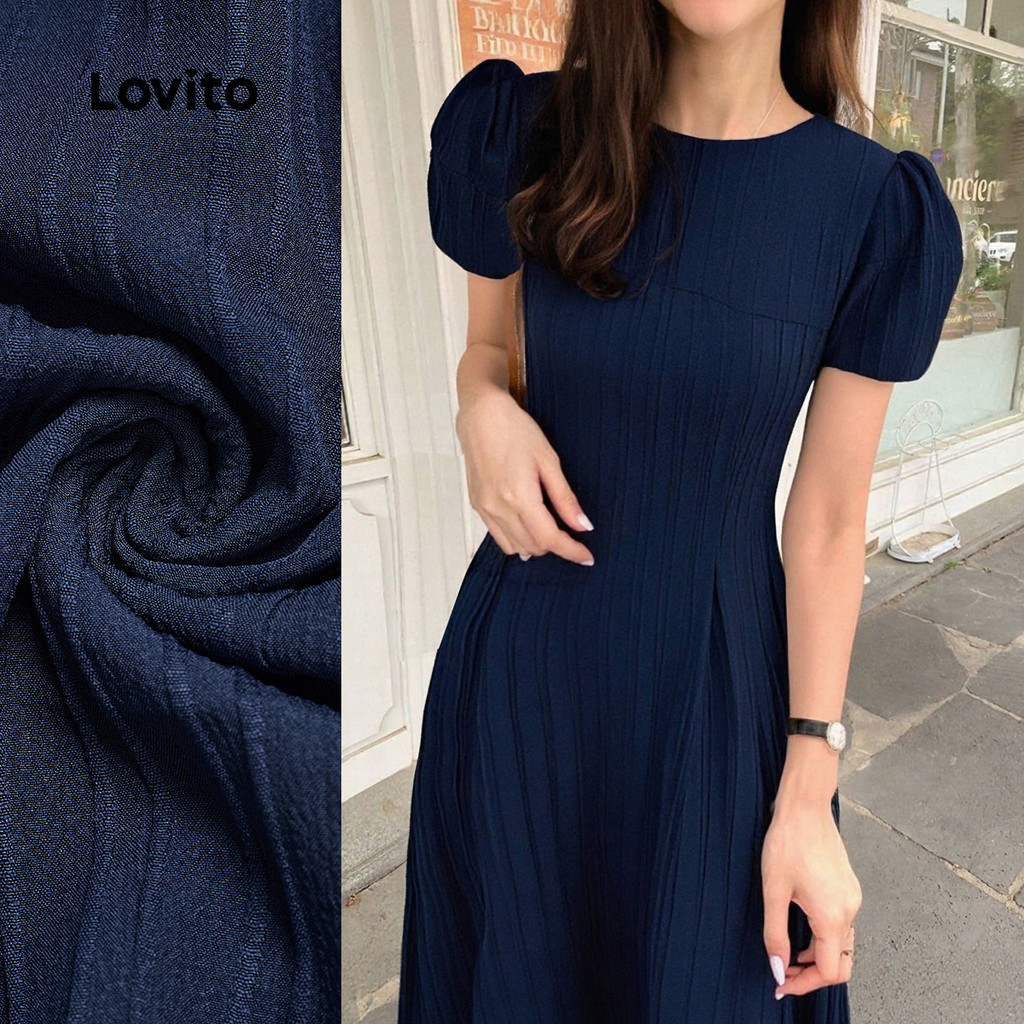 (สง่างาม) Lovito ชุดเดรสดีไซน์หรูหราโครงสร้างผ้าเจาะการ์ด จัคการ์ด สำหรับฤดูใบไม้ผลิ/ฤดูร้อน สีน้ำเงินกรม(กรมท่า) L149LD099
