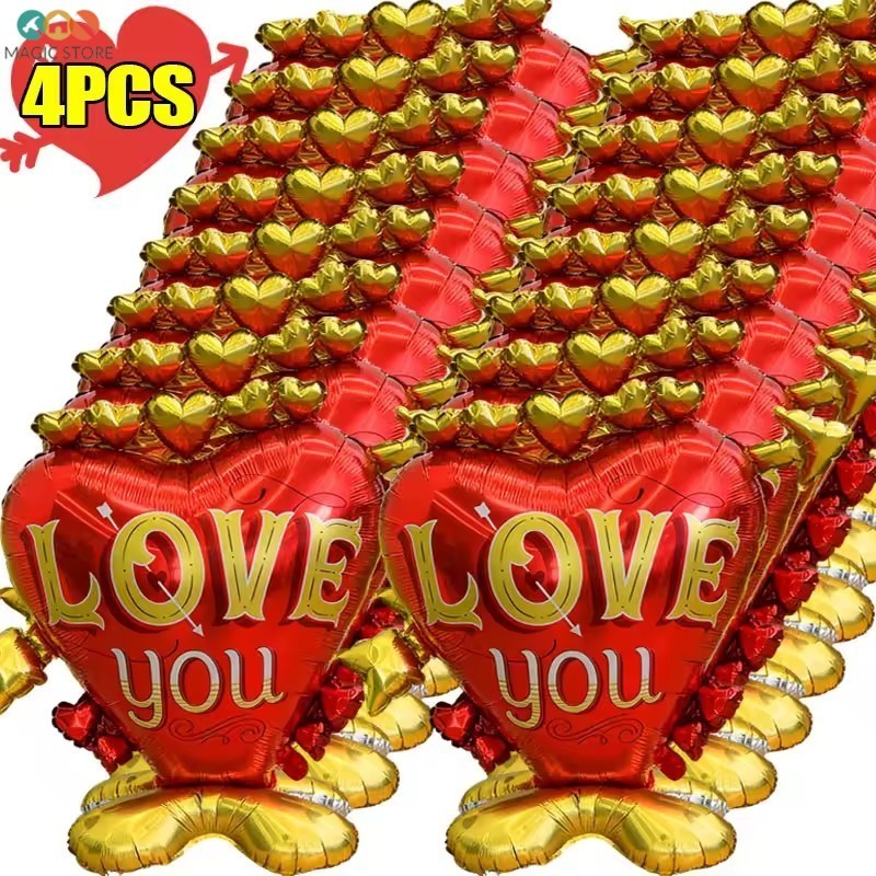 [H&L]บอลลูนฟอยล์ตั้งพื้นด้วยตนเองที่ทนทาน 1/2/4 ชิ้น|ลูกโป่ง LOVE YOU รูปหัวใจ|พร็อพถ่ายรูปโรแมนติก|