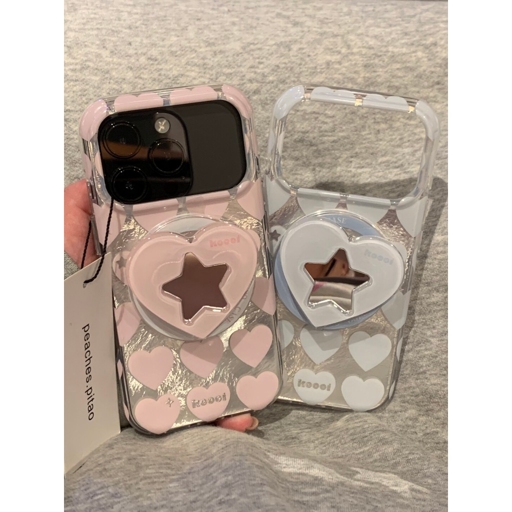 หรูหราเงาโปร่งใส Anti-drop กระจกแม่เหล็กสําหรับ iPhone 17 Pro Max Ins สไตล์สีชมพู Blue Heart Star กระจกขาตั้งโทรศัพท์