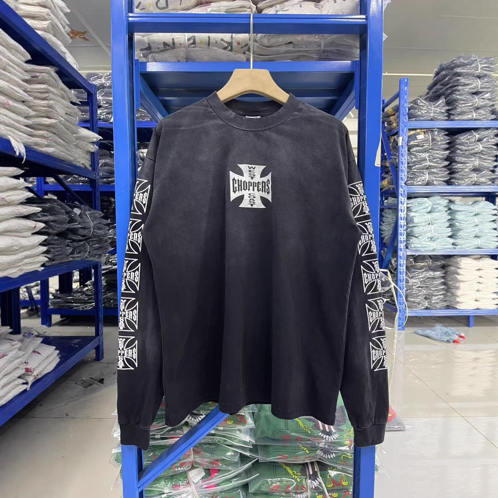 9WJO Street West Coast Heavy Washed Vintage Cross Print vintage Long Sleeve T T-shirt Men and Women 