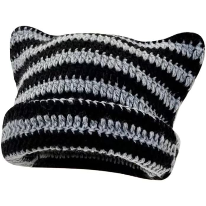Women's Crochet Hats,Cat/Fox Design Vintage Beanie, Grunge Accessories Slouchy Beanies