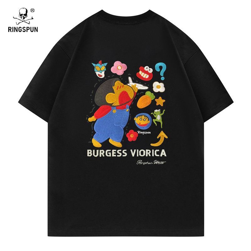 COD 2026RINGSPUN [Shin-Chan] Heavy เย็บปักถักร้อยสี-Chang Street Wear เสื้อยืดคอกลมลําลองแขนสั้นเสื้