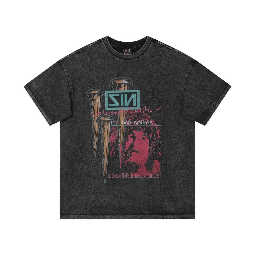 MOEU SAINT Michael 9inch Nail Band High Street Y2K Rock style short sleeve unisex vintage pure cotto
