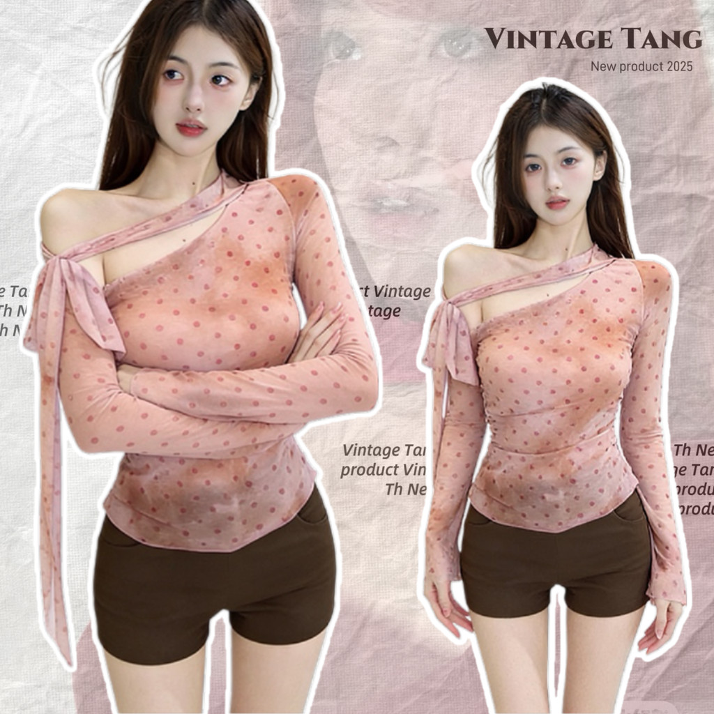 พร้อมส่ง🏷️ เสื้อเปิดไหล่ผู้หญิง แถมผ้าผูกคอ ลายจุดเล็ก ผ้าตาข่ายนิ่ม แขนยาวแฟชั่นเกาหลี ทรงสวย ใส่สบาย สีชมพู สีน้ำตาล