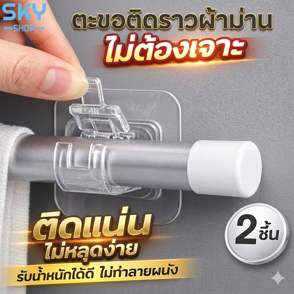 SKY ตะขอติดผนัง ตะขอติดราวผ้าม่าน ไม่ต้องเจาะ ติดแน่น ไม่หลุดง่าย รับน้ำหนักดี ไม่ทำลายผนัง 2 ชิ้น Curtain Rod Hook