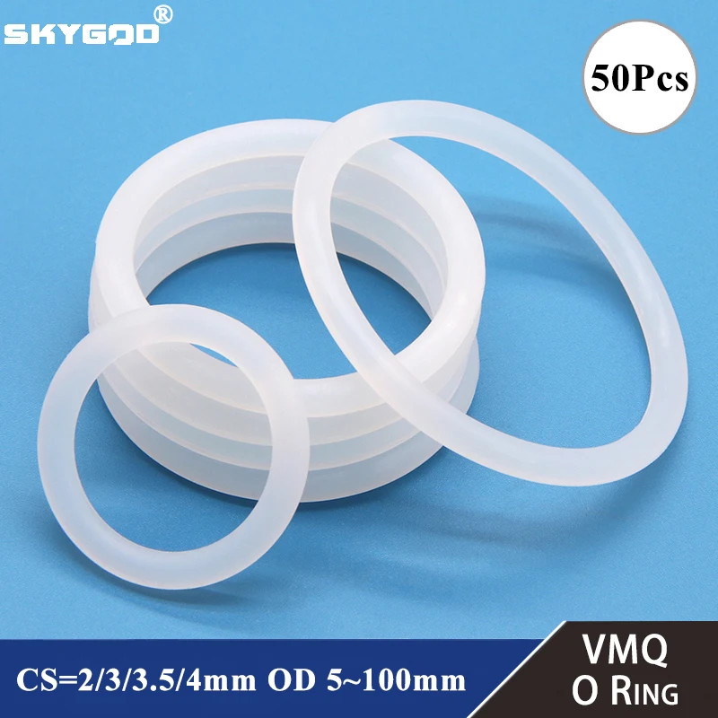50pcs VMQ O แหวนความหนา CS 2/3/3.5/4 มม.ซีลยางสีขาวแหวน OD 5-100 มม.ทนความร้อนซิลิโคนเกรดอาหาร O-แหว