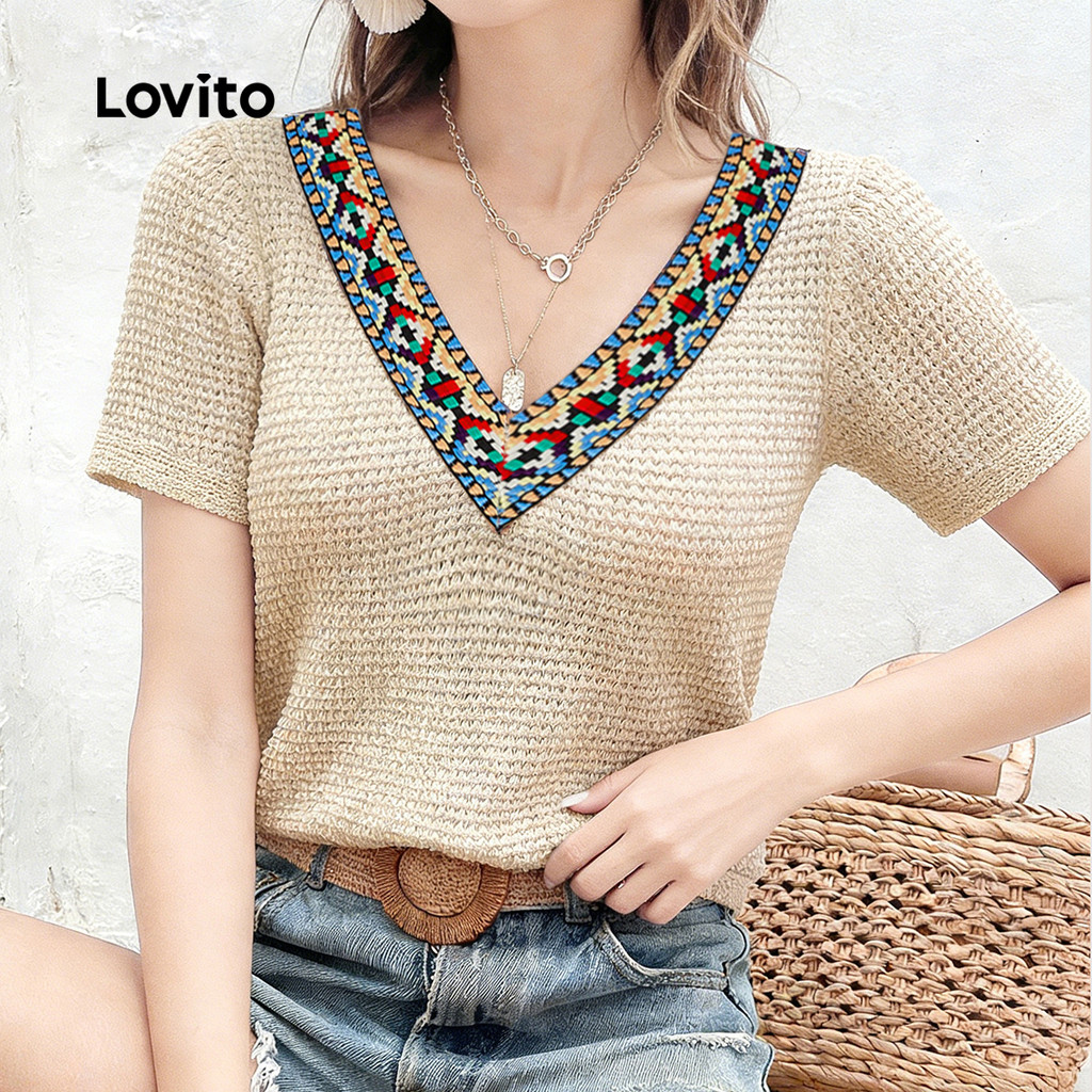 Lovito تيشيرت نسائي بكشكش على الياقة — صورة 2