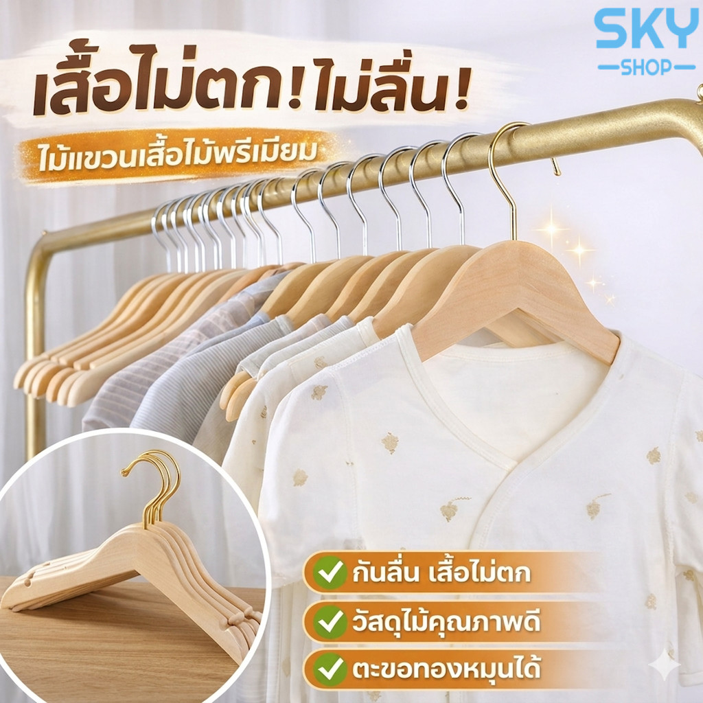 SKY ไม้แขวนเสื้อไม้ 38cm ตะขอทอง กันลื่น แข็งแรง ไม่หักง่าย ไม้แขวนผ้าไม้ Clothes Hanger