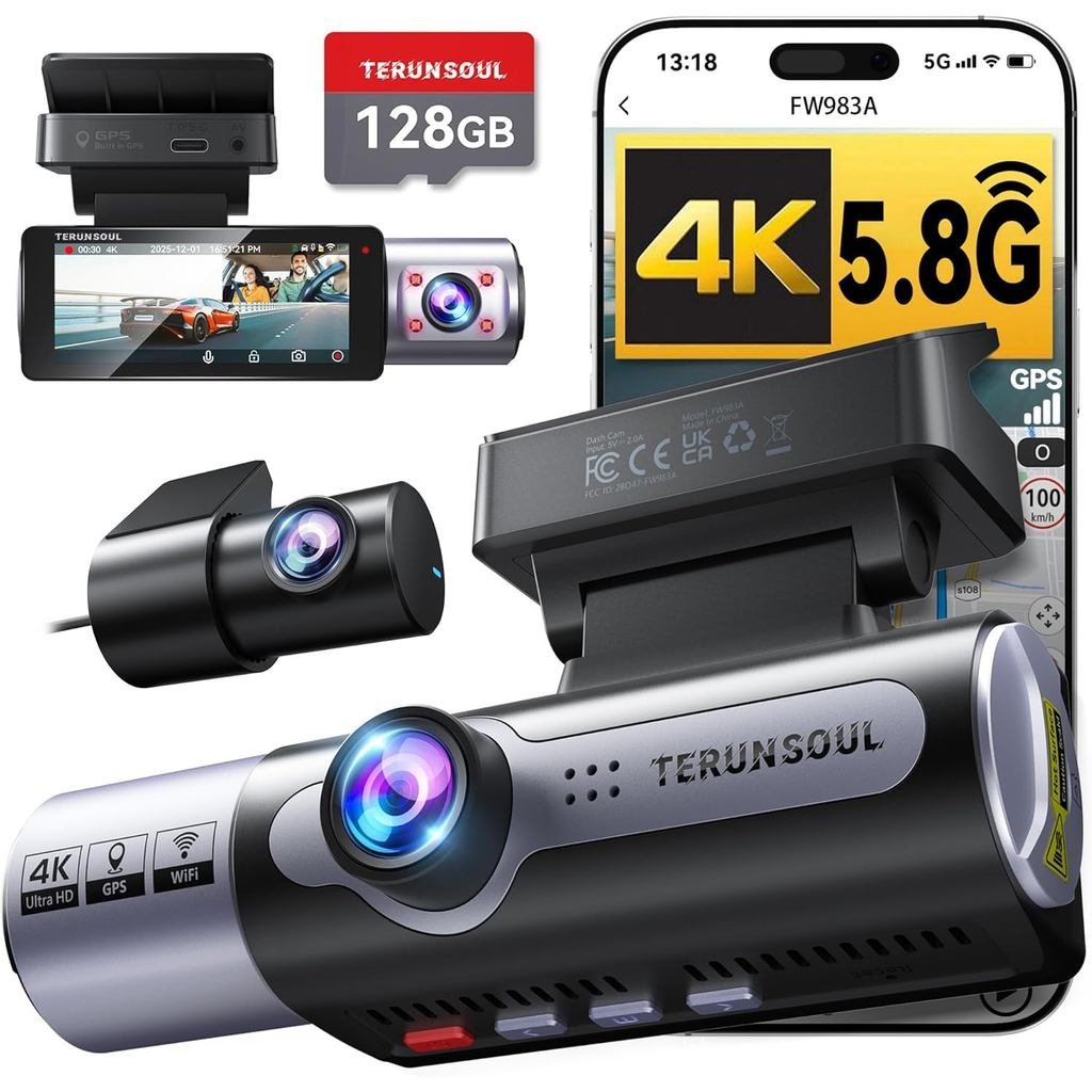 4K Dash Cam หน้าและหลัง Full HD 3 Channel Dashcam ฟรีการ์ด MicroSD 128GB, WiFi 5.8GHz ในตัว, GPS ในต