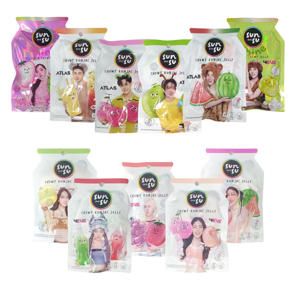 Sunsu Jelly 4EVE ATLAS ซันซุ เยลลี่ผสมบุกรสผลไม้ แถมการ์ดทุกซอง ขนาด 96 กรัม (แพ็ก 6 ชิ้น) ราคา ถูกที่สุด ดีลบีเคเค