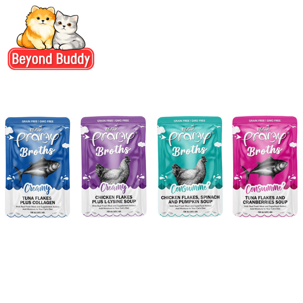 Pramy Broths พรามี่ ซุปแมว สูตรซุปใสและซุปครีม กลิ่นหอมน่าทาน เสิร์ฟสะดวกทุกมื้อ ขนาด 40 กรัม