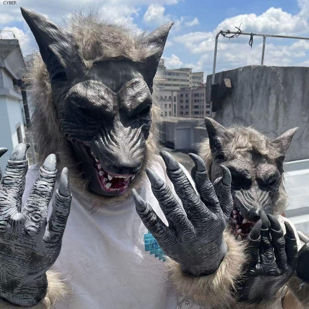 CYBER Latex Wolf Head Mask, Latex Scary Halloween Wolf Costume, Funny Fierce Realistic Plush Home