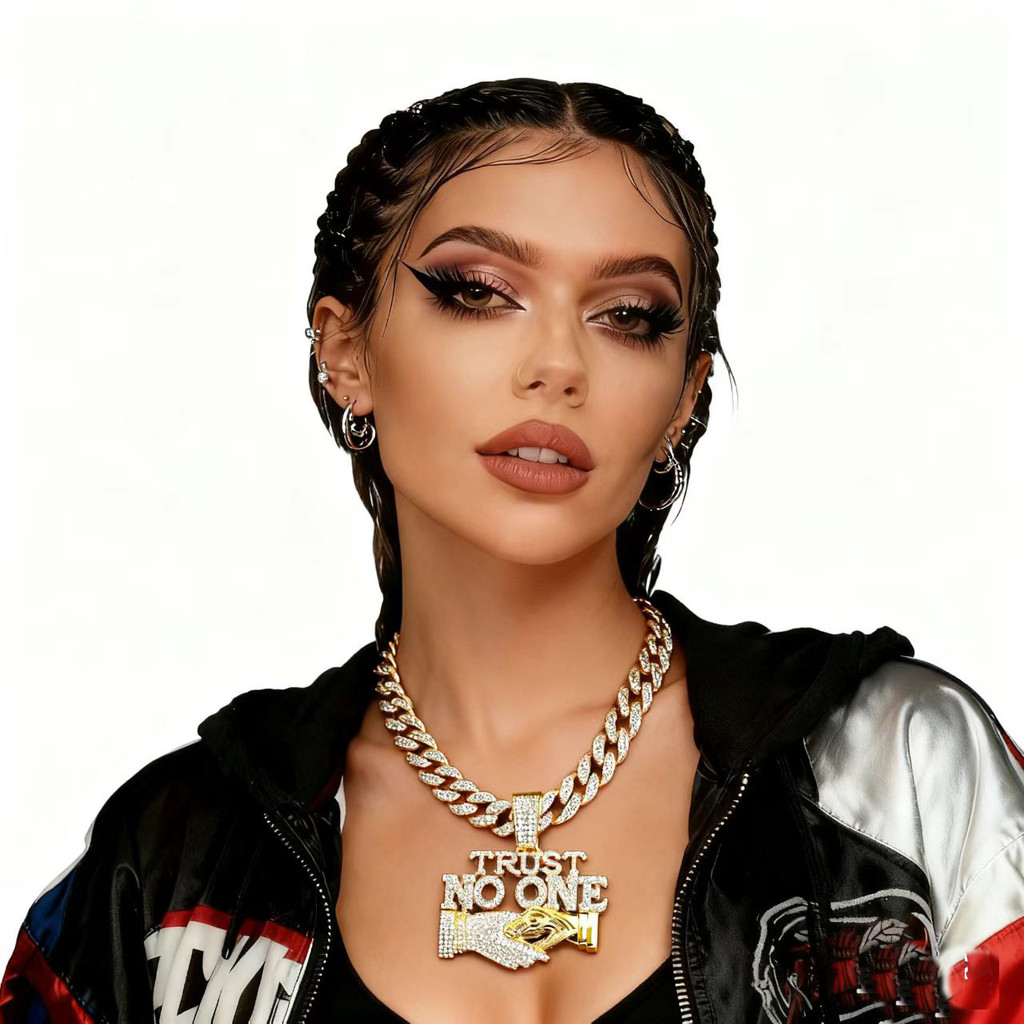 Spot Goods#Hip-hop letters TRUST NO ONE Alloy Pendant Men's Handshake Necklace Unique Cuban Chain Ne
