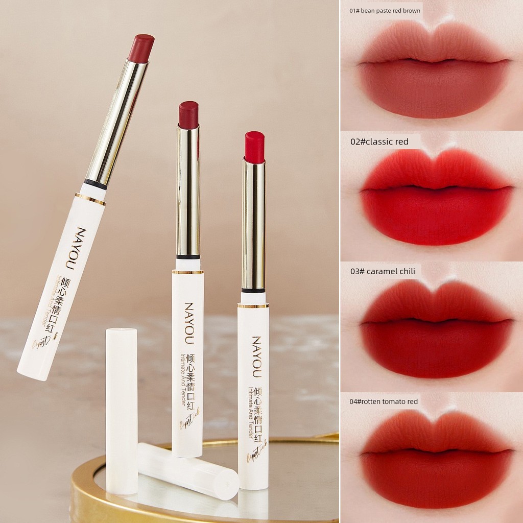 lipstick ลิปแมท ของแท้ NAYOU Soft Focus Matte Thin Tube ลิปสติกแบรนด์ Niche Non-Fade กันน้ํา Non-Sti