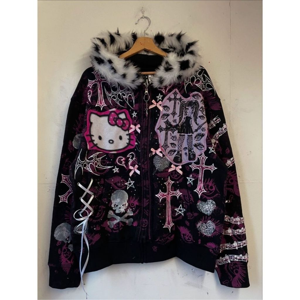 Ya Culture Punk Rock Dark Shibuya Harajuku Hot Girl helloKitty Skull Hooded Sweatshirt Jacket