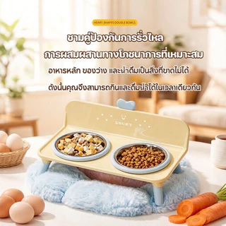 ชามแมวชั้นวางชามคู่ ชามสัตว์เลี้ยงป้องกันแมลงและมด ชามแมวสแตนเลสความจุขนาดใหญ่ ป้องกันการล้ม