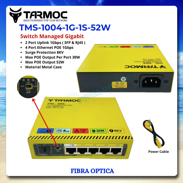 Tarmoc TMS-1004-1G-1S-52W | Switch Cloud Managed 4 Port Gigabit POE 802.3af/at, 1 UL Gigabit, 1 SFP 