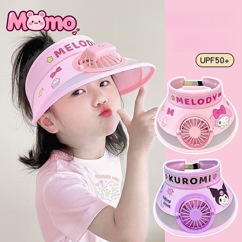 SANRIO 2026 ใหม่ ซานริโอ หมวกกันแดดเด็กพร้อมพัดลมในตัวป้องกันแสงแดดสําหรับเด็กผู้ชายผู้หญิง